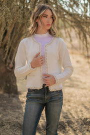 Josette Frayed Pearl Detail Textured Knit Sweater